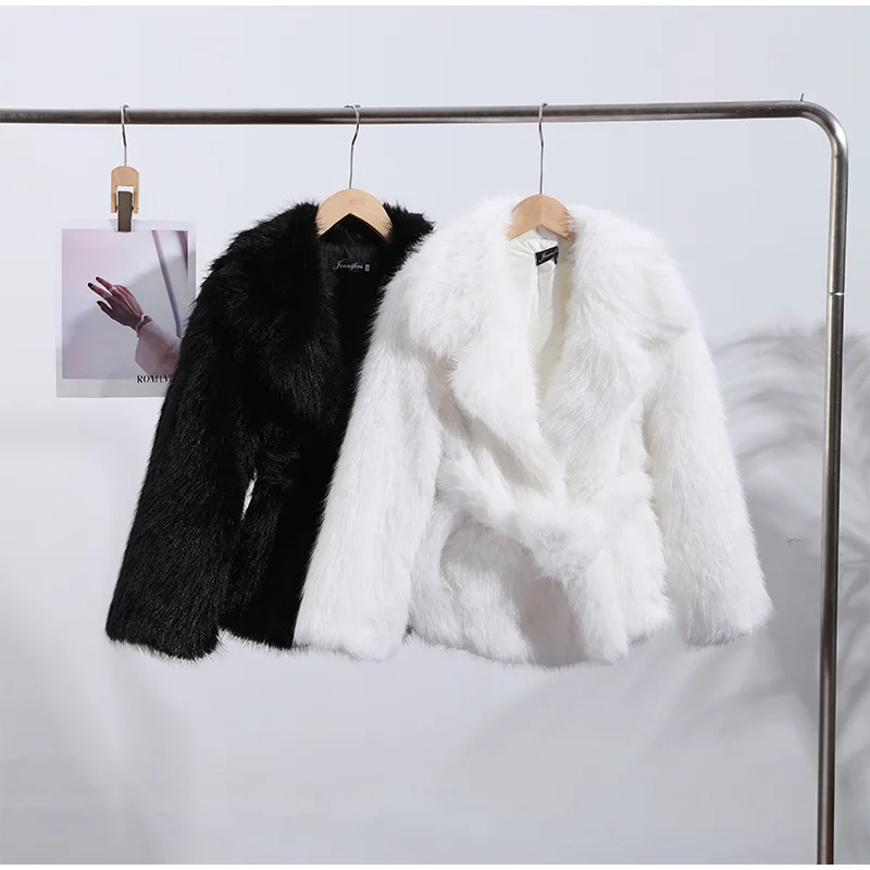 Thick Warm Faux Fur Coat for Women With Belt Turn Down Collar Fur Parkas 2025 New Winter Short Loose Fluffy Outerwear