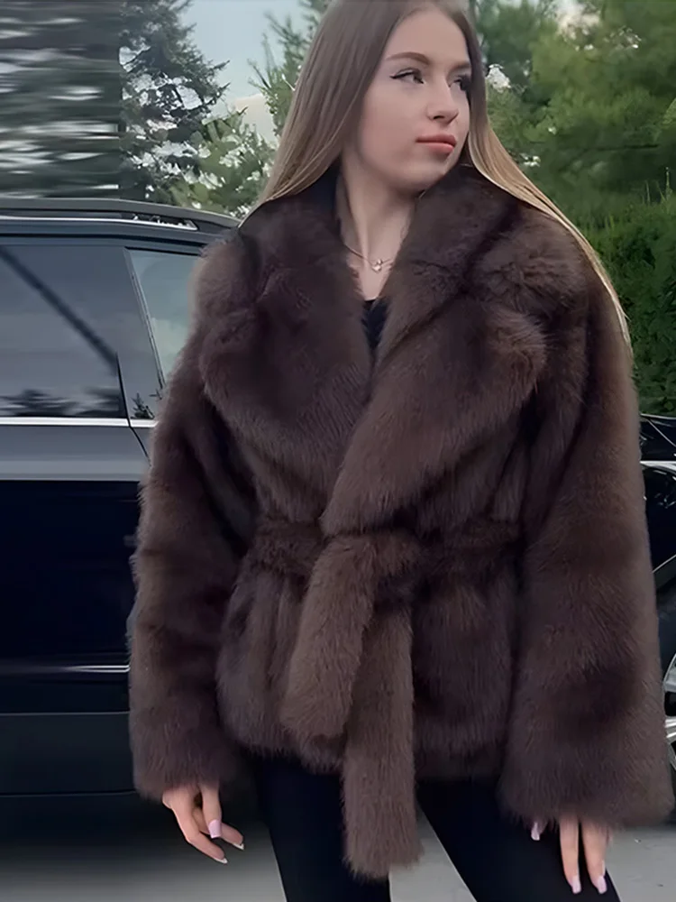 Thick Warm Faux Fur Coat for Women With Belt Turn Down Collar Fur Parkas 2025 New Winter Short Loose Fluffy Outerwear