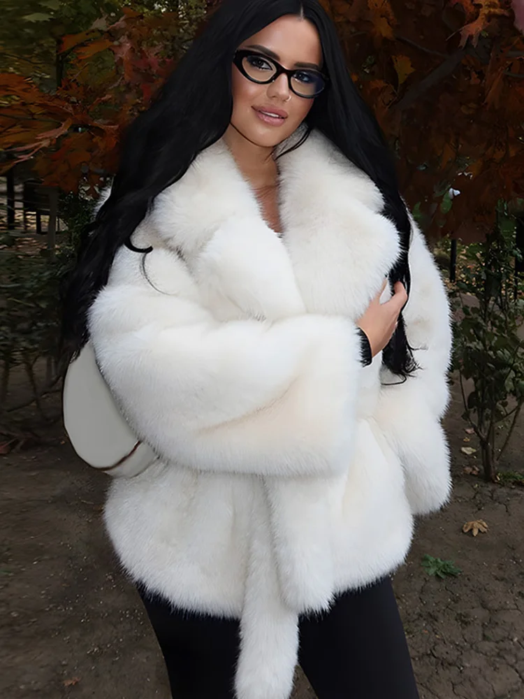 Thick Warm Faux Fur Coat for Women With Belt Turn Down Collar Fur Parkas 2025 New Winter Short Loose Fluffy Outerwear