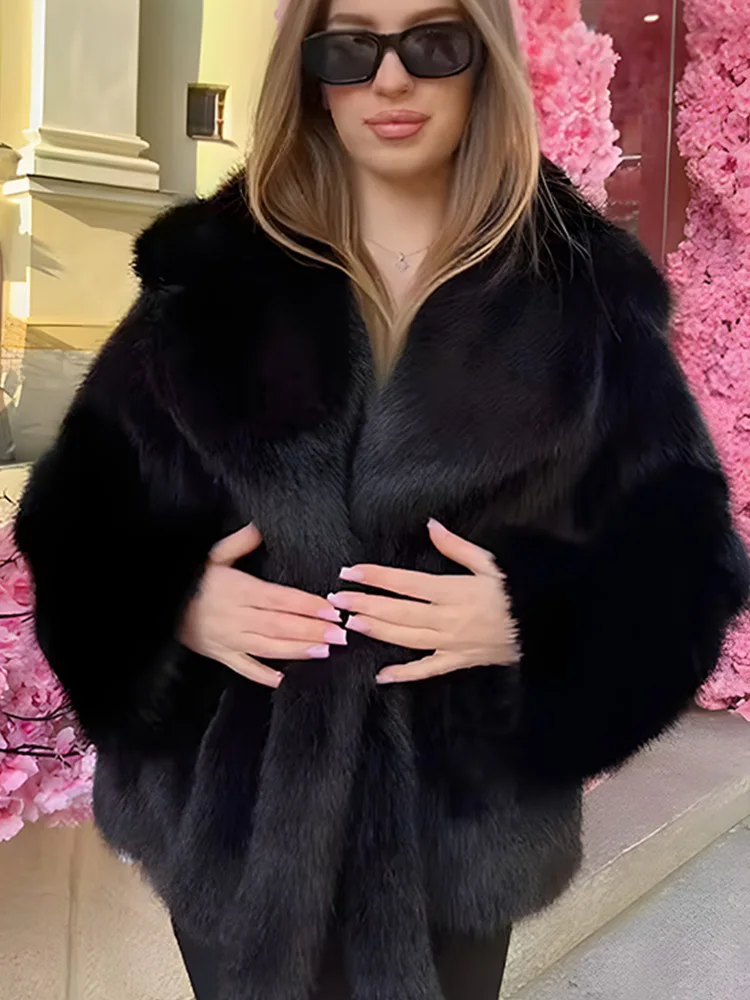 Thick Warm Faux Fur Coat for Women With Belt Turn Down Collar Fur Parkas 2025 New Winter Short Loose Fluffy Outerwear