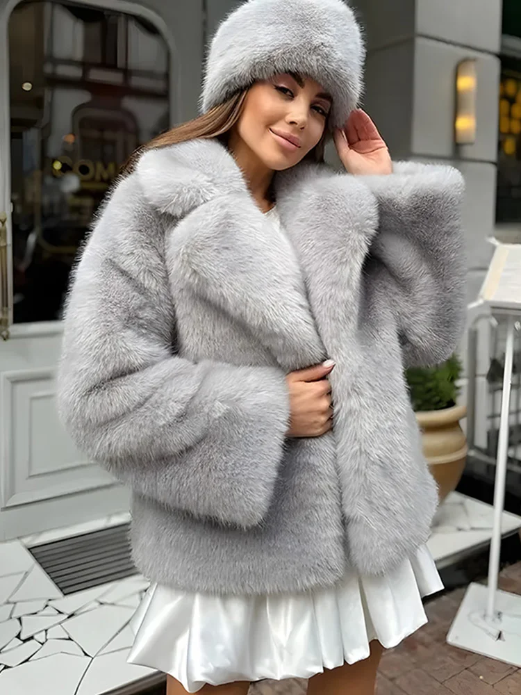 Thick Warm Faux Fur Coat for Women With Belt Turn Down Collar Fur Parkas 2025 New Winter Short Loose Fluffy Outerwear