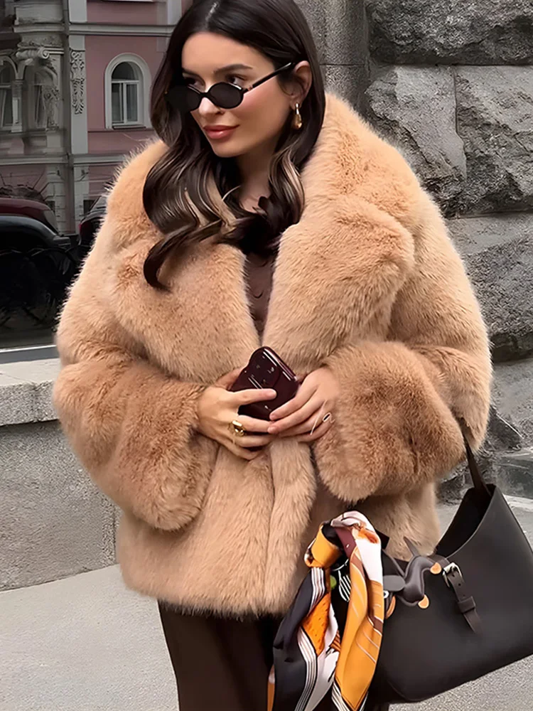 Thick Warm Faux Fur Coat for Women With Belt Turn Down Collar Fur Parkas 2025 New Winter Short Loose Fluffy Outerwear