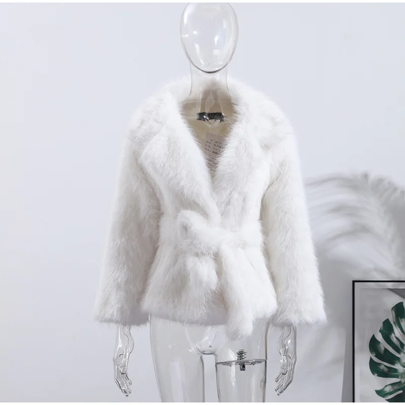 Thick Warm Faux Fur Coat for Women With Belt Turn Down Collar Fur Parkas 2025 New Winter Short Loose Fluffy Outerwear