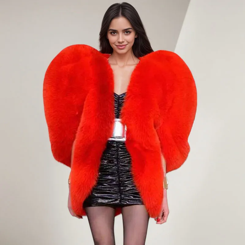 KUCLUT Fashion Solid Color Faux Fur Red Love 3D Heart Shawl Warm Coat For Women Versatile High-end Jacket Female 1A950