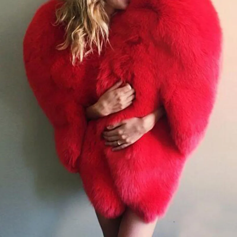 KUCLUT Fashion Solid Color Faux Fur Red Love 3D Heart Shawl Warm Coat For Women Versatile High-end Jacket Female 1A950