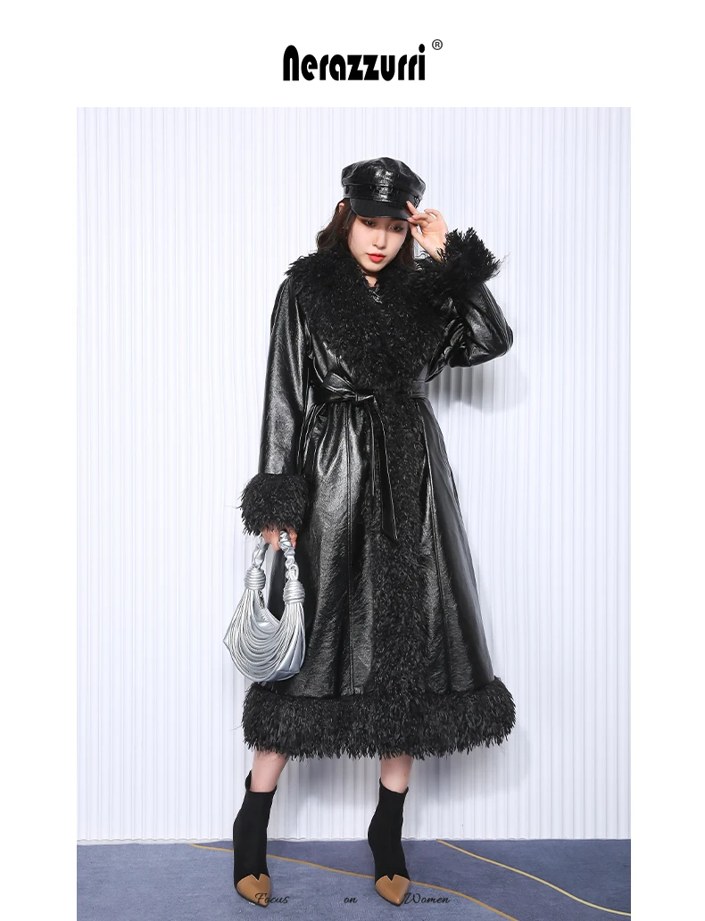 Nerazzurri Autumn Winter Long Loose Black Quilted Warm Soft Pu Leather Coat Women with Faux Fur Trim Sashes European Fashion