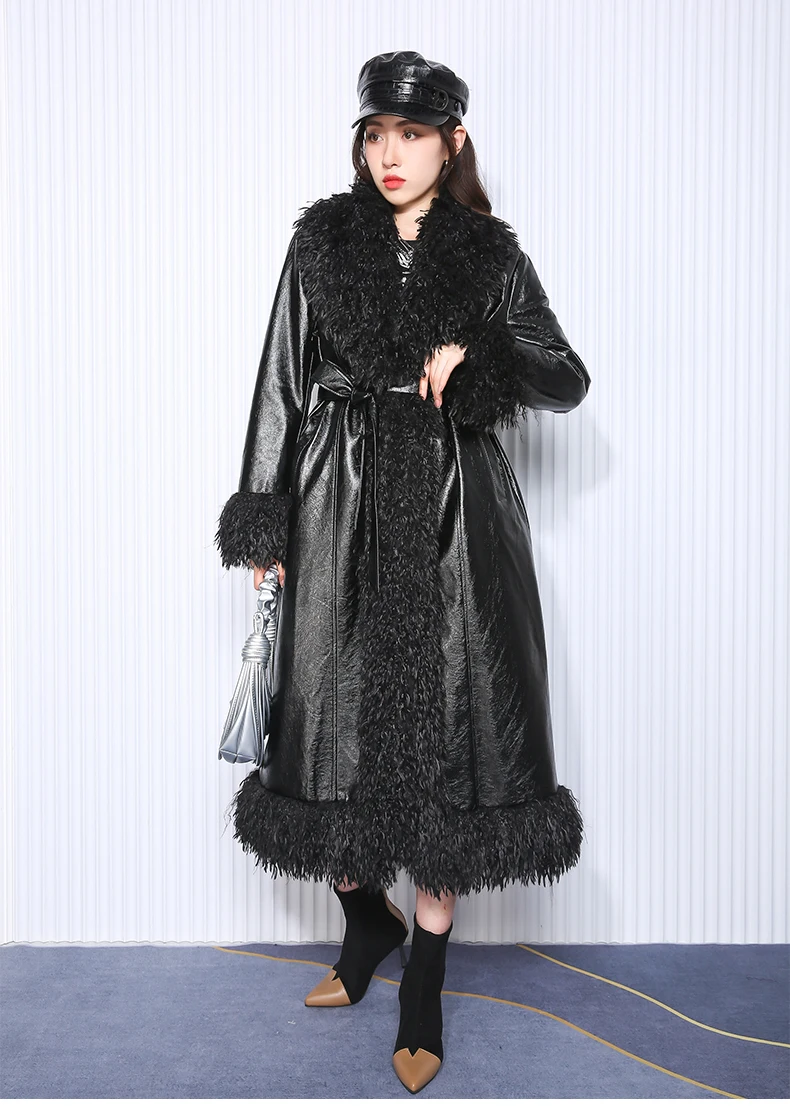 Nerazzurri Autumn Winter Long Loose Black Quilted Warm Soft Pu Leather Coat Women with Faux Fur Trim Sashes European Fashion