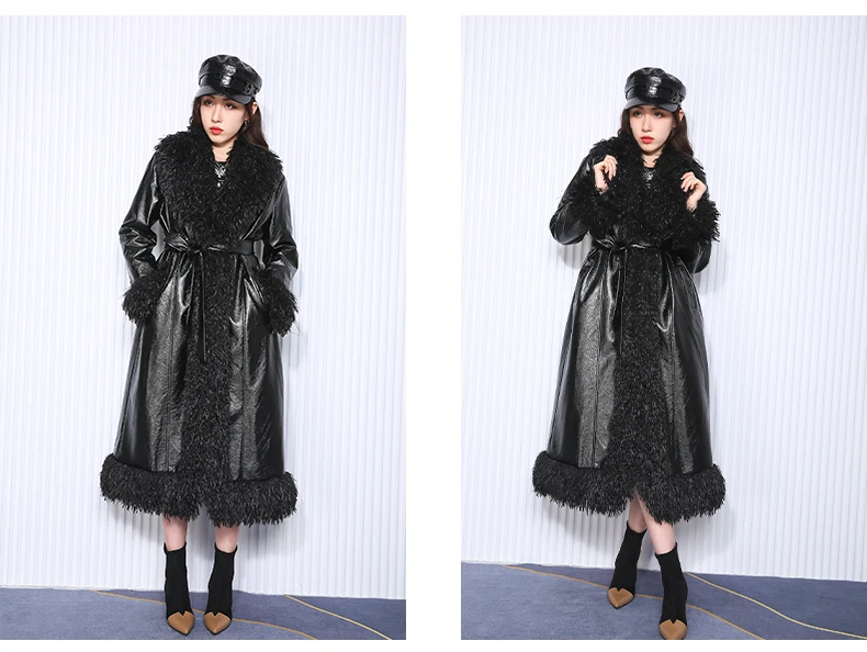 Nerazzurri Autumn Winter Long Loose Black Quilted Warm Soft Pu Leather Coat Women with Faux Fur Trim Sashes European Fashion