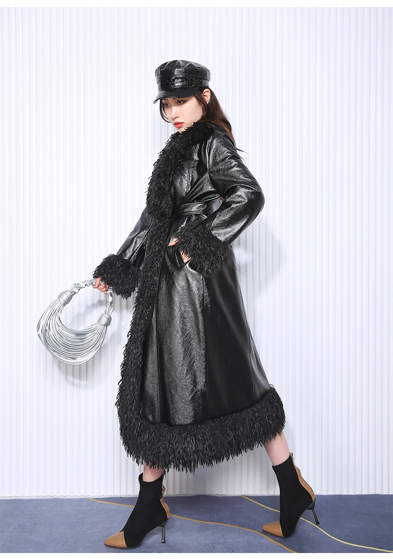 Nerazzurri Autumn Winter Long Loose Black Quilted Warm Soft Pu Leather Coat Women with Faux Fur Trim Sashes European Fashion