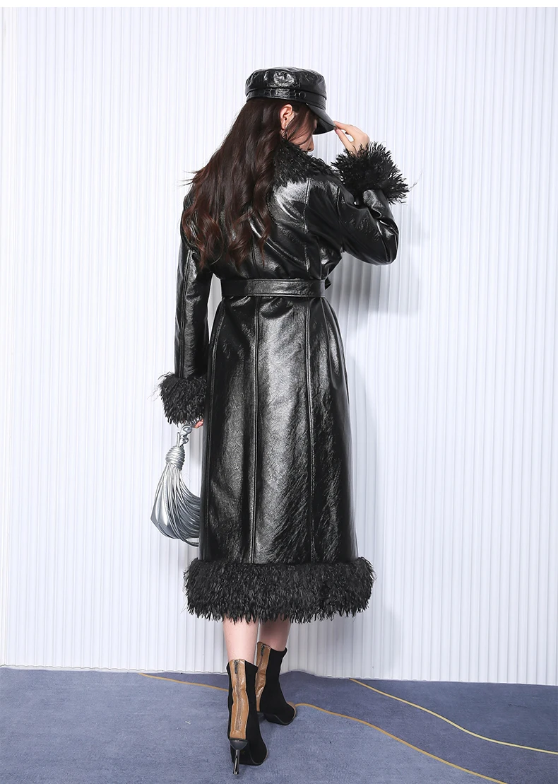 Nerazzurri Autumn Winter Long Loose Black Quilted Warm Soft Pu Leather Coat Women with Faux Fur Trim Sashes European Fashion