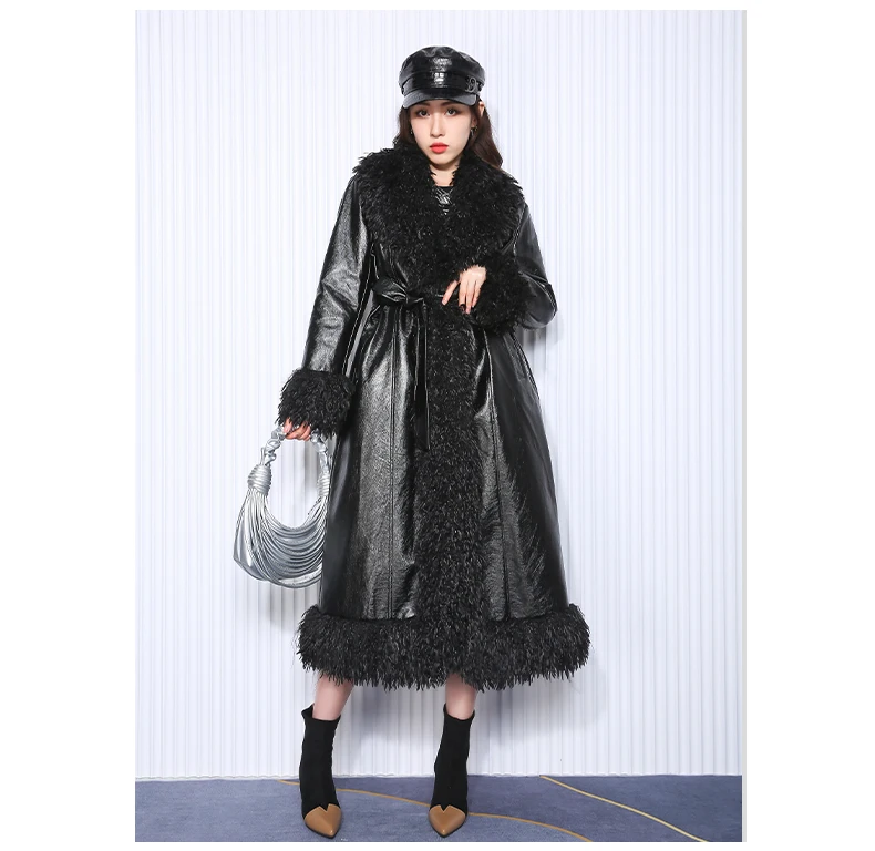 Nerazzurri Autumn Winter Long Loose Black Quilted Warm Soft Pu Leather Coat Women with Faux Fur Trim Sashes European Fashion
