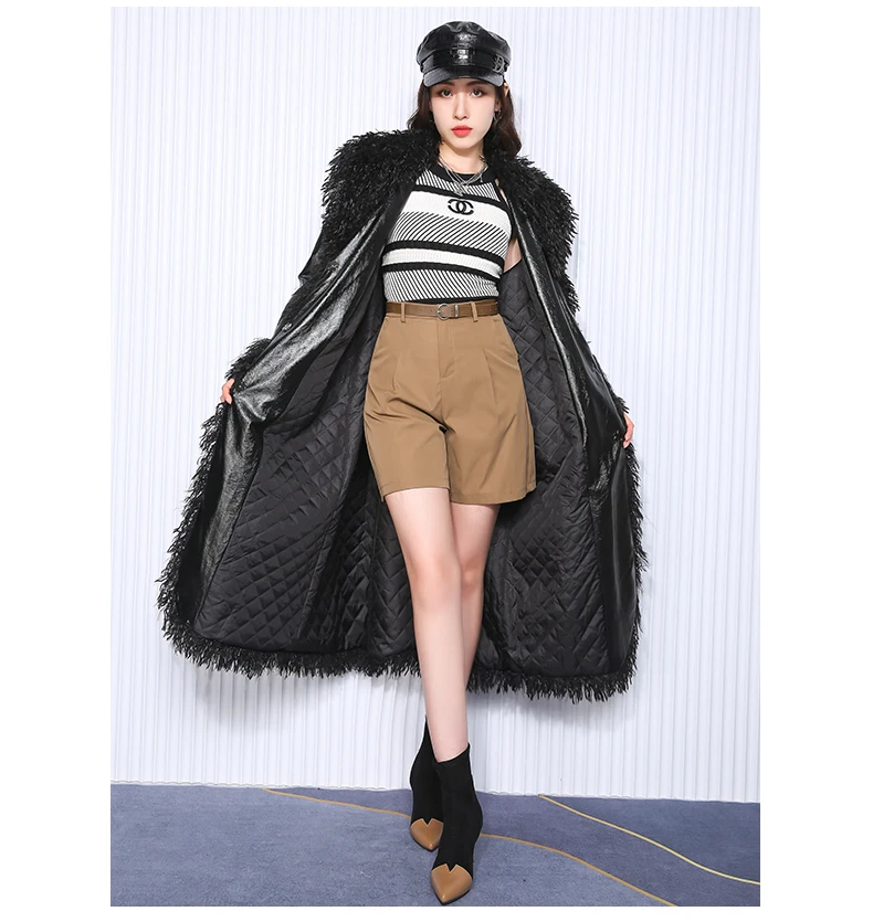 Nerazzurri Autumn Winter Long Loose Black Quilted Warm Soft Pu Leather Coat Women with Faux Fur Trim Sashes European Fashion