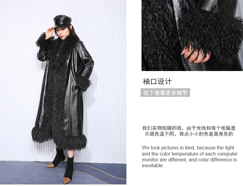 Nerazzurri Autumn Winter Long Loose Black Quilted Warm Soft Pu Leather Coat Women with Faux Fur Trim Sashes European Fashion