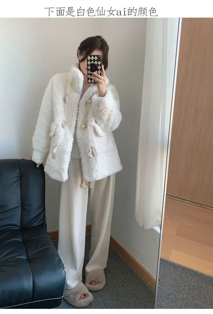 Winter Woman Fluffy Lamb's Fur Coat Warm Faux Fur Coat Collar Short Outerwear Coat Cowl Button Korean Fur Jackets New