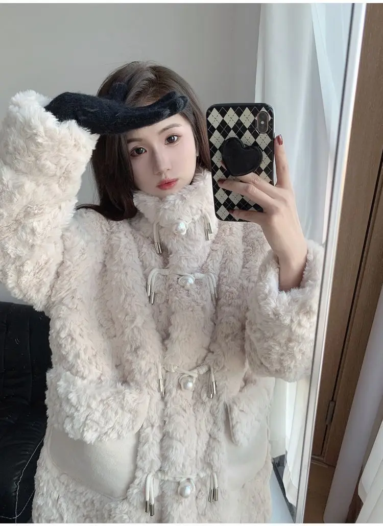 Winter Woman Fluffy Lamb's Fur Coat Warm Faux Fur Coat Collar Short Outerwear Coat Cowl Button Korean Fur Jackets New