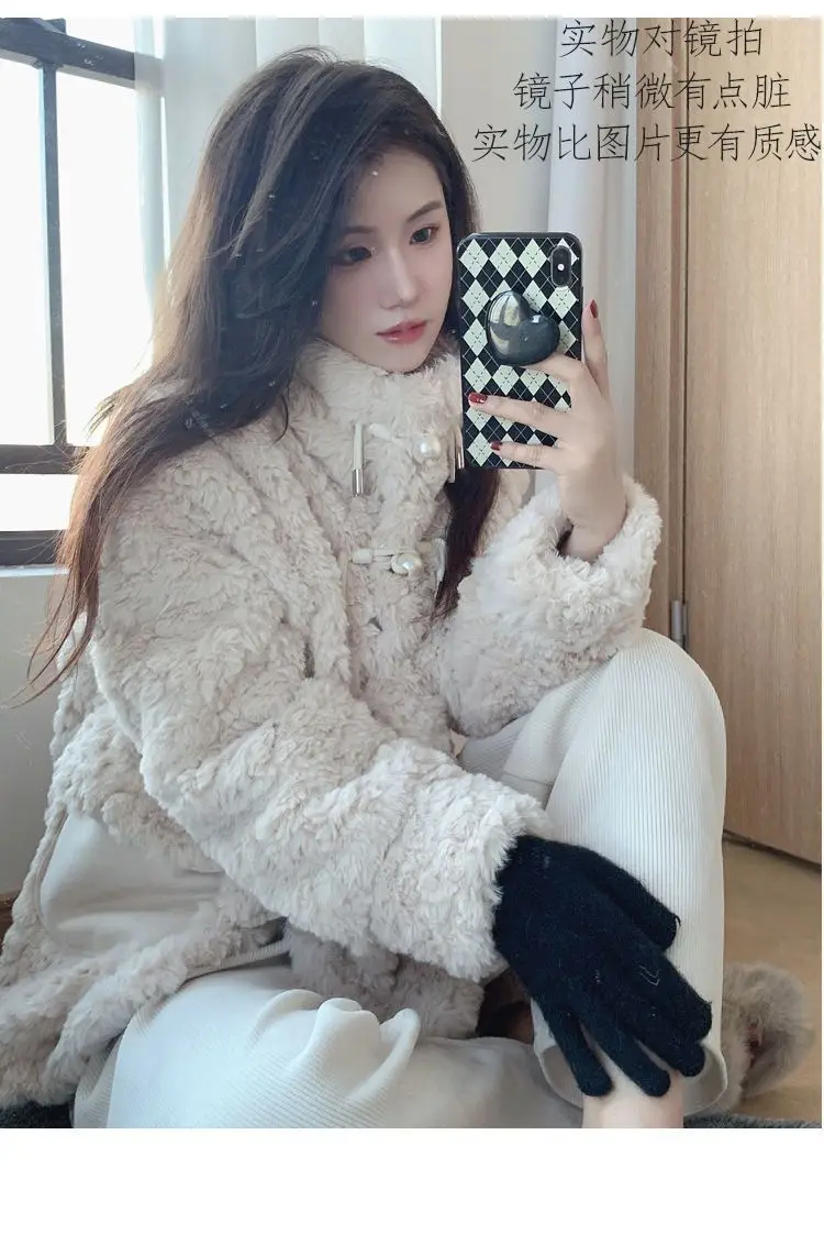 Winter Woman Fluffy Lamb's Fur Coat Warm Faux Fur Coat Collar Short Outerwear Coat Cowl Button Korean Fur Jackets New