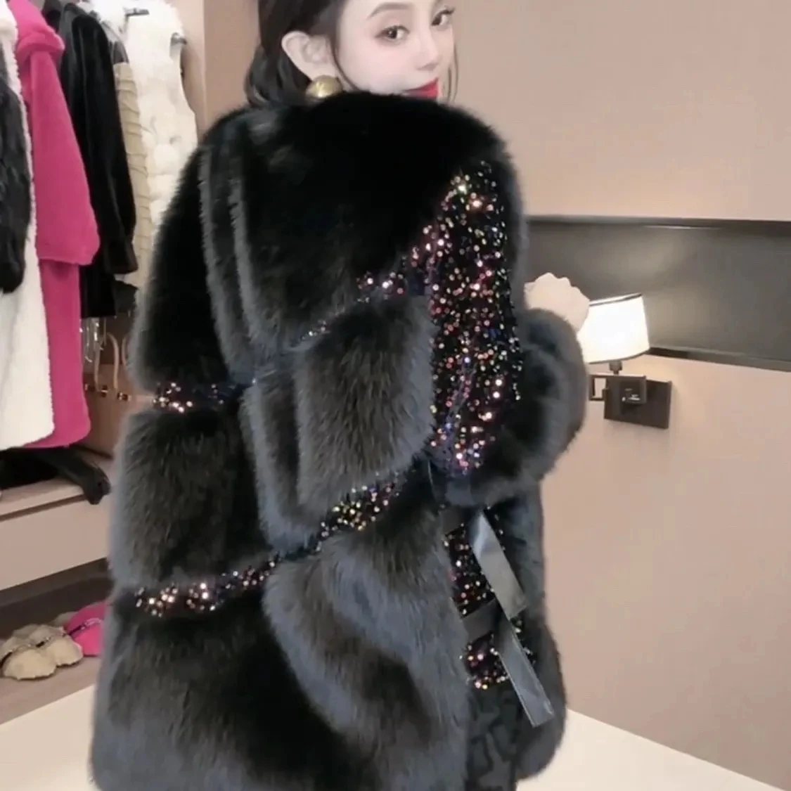 Faux Fur Coat for Women, Turn-down Collar Jacket, Loose Spliced Overcoat, Covered Button, Sequins, Female, New, Winter