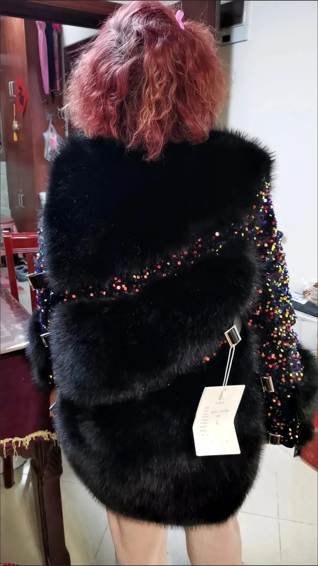 Faux Fur Coat for Women, Turn-down Collar Jacket, Loose Spliced Overcoat, Covered Button, Sequins, Female, New, Winter