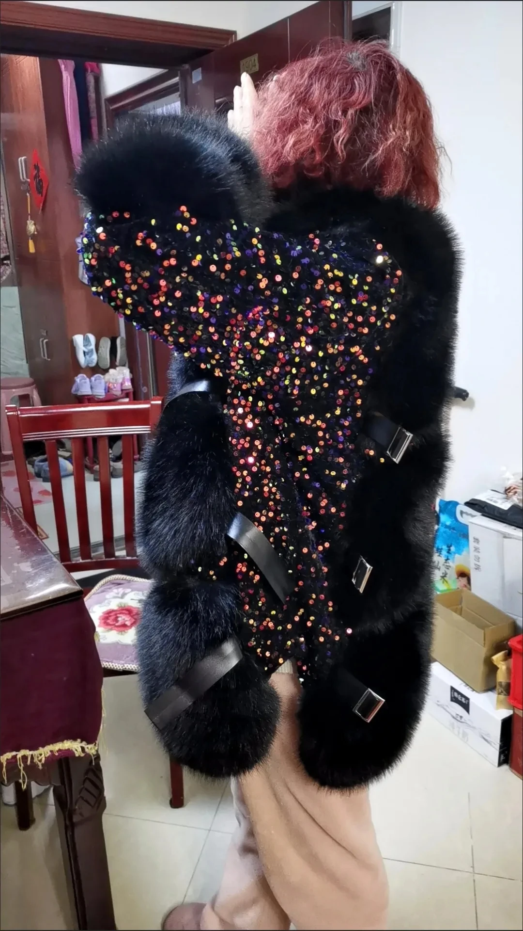 Faux Fur Coat for Women, Turn-down Collar Jacket, Loose Spliced Overcoat, Covered Button, Sequins, Female, New, Winter
