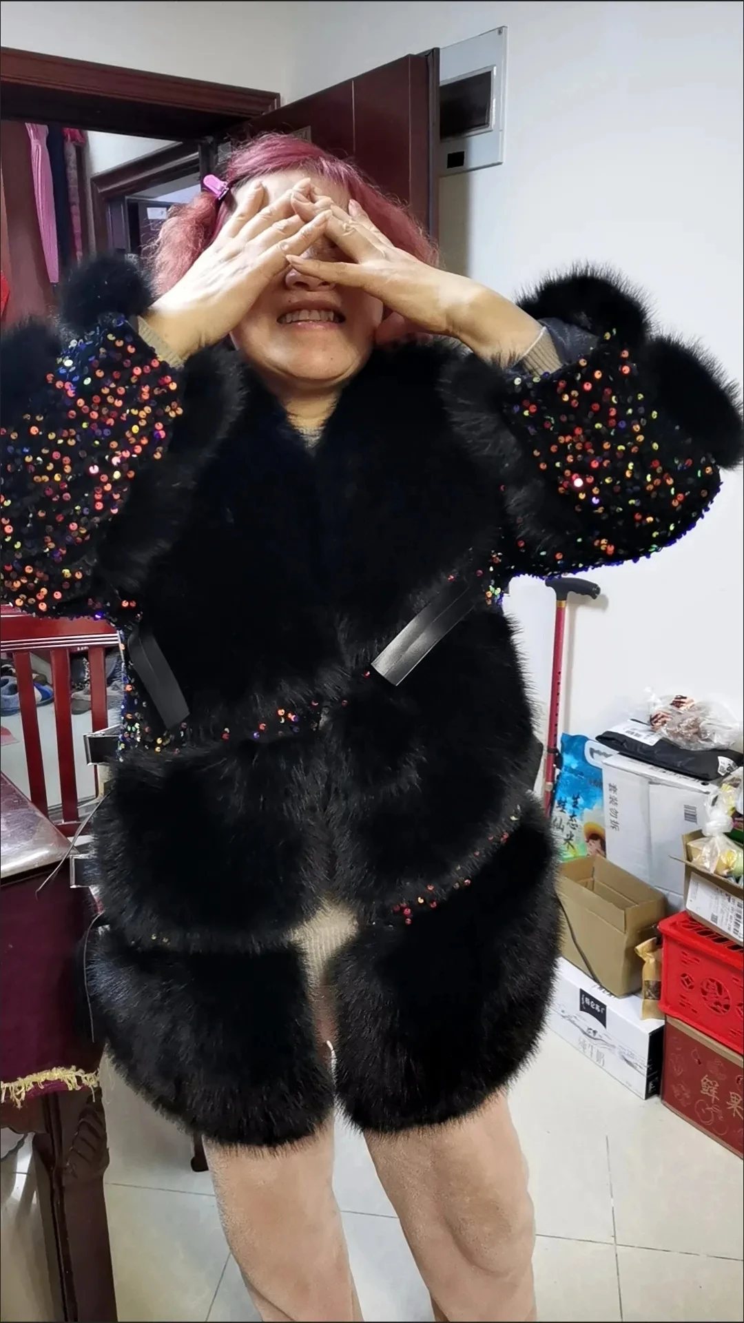 Faux Fur Coat for Women, Turn-down Collar Jacket, Loose Spliced Overcoat, Covered Button, Sequins, Female, New, Winter