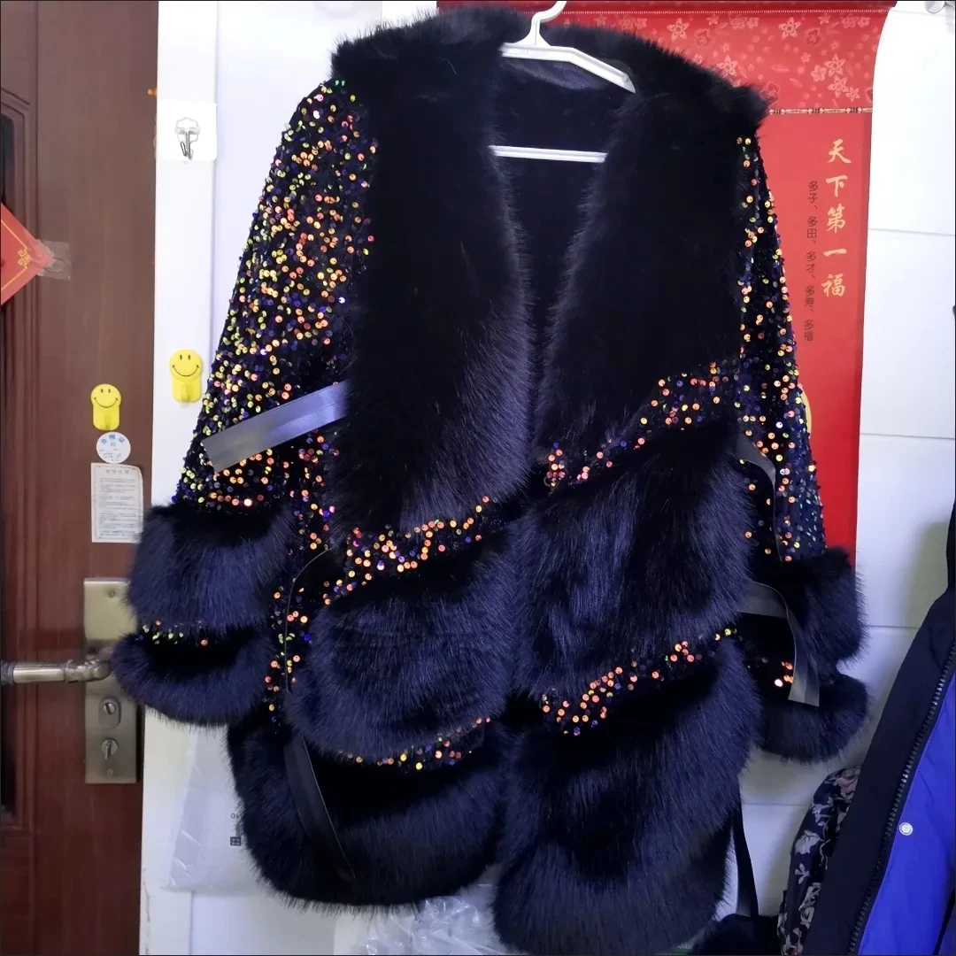 Faux Fur Coat for Women, Turn-down Collar Jacket, Loose Spliced Overcoat, Covered Button, Sequins, Female, New, Winter
