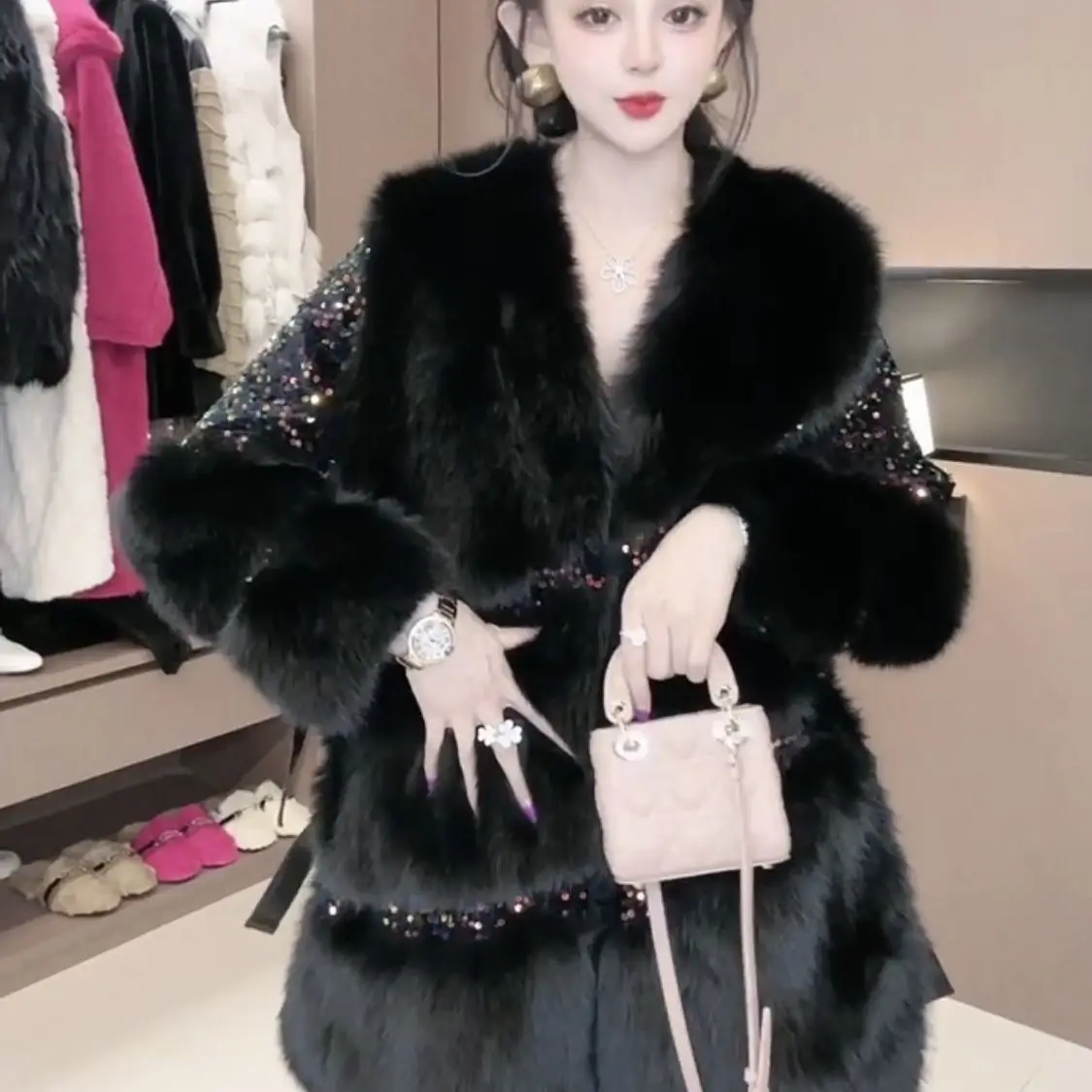 Faux Fur Coat for Women, Turn-down Collar Jacket, Loose Spliced Overcoat, Covered Button, Sequins, Female, New, Winter