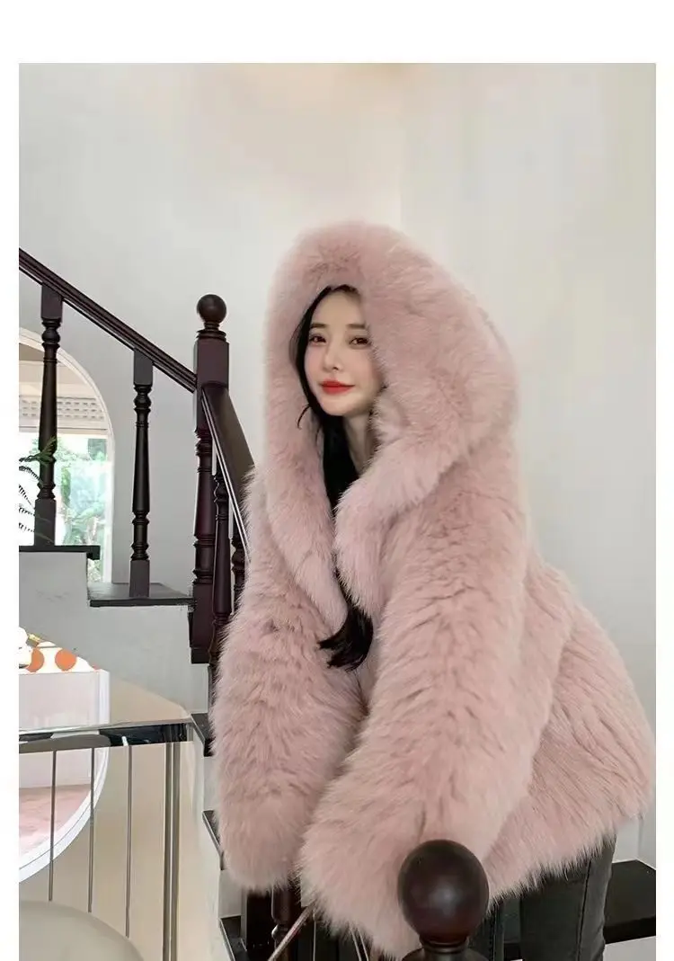 Faux Fur Jacket Women Winter Warm Hooded Fluffy Jacket Coat Loose Korean Fashion Fox Mink Jackets Thick Outerwear Snowwear New