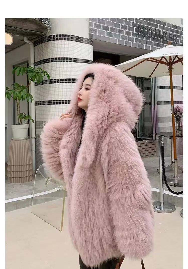 Faux Fur Jacket Women Winter Warm Hooded Fluffy Jacket Coat Loose Korean Fashion Fox Mink Jackets Thick Outerwear Snowwear New