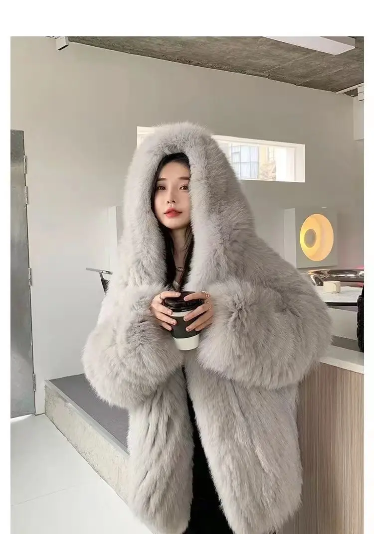 Faux Fur Jacket Women Winter Warm Hooded Fluffy Jacket Coat Loose Korean Fashion Fox Mink Jackets Thick Outerwear Snowwear New