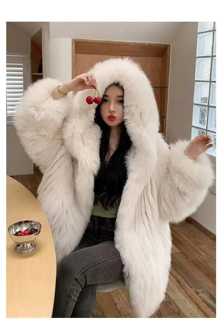 Faux Fur Jacket Women Winter Warm Hooded Fluffy Jacket Coat Loose Korean Fashion Fox Mink Jackets Thick Outerwear Snowwear New