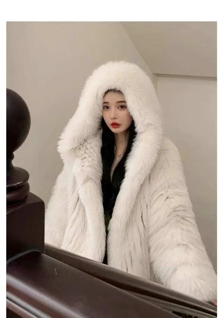 Faux Fur Jacket Women Winter Warm Hooded Fluffy Jacket Coat Loose Korean Fashion Fox Mink Jackets Thick Outerwear Snowwear New