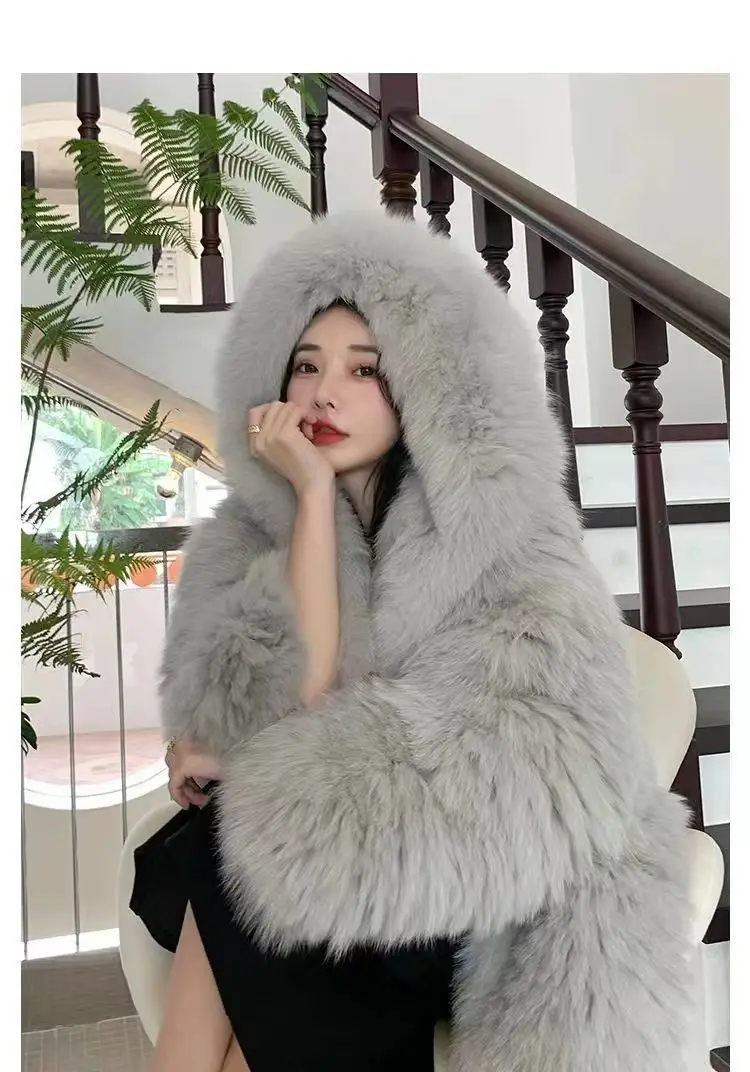 Faux Fur Jacket Women Winter Warm Hooded Fluffy Jacket Coat Loose Korean Fashion Fox Mink Jackets Thick Outerwear Snowwear New