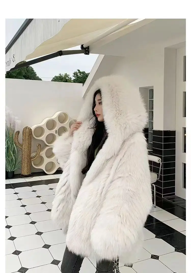 Faux Fur Jacket Women Winter Warm Hooded Fluffy Jacket Coat Loose Korean Fashion Fox Mink Jackets Thick Outerwear Snowwear New