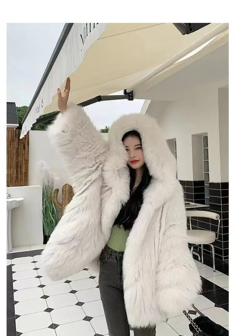 Faux Fur Jacket Women Winter Warm Hooded Fluffy Jacket Coat Loose Korean Fashion Fox Mink Jackets Thick Outerwear Snowwear New
