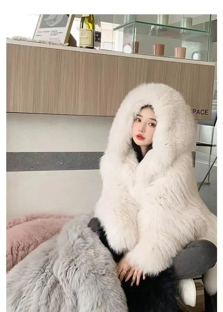 Faux Fur Jacket Women Winter Warm Hooded Fluffy Jacket Coat Loose Korean Fashion Fox Mink Jackets Thick Outerwear Snowwear New