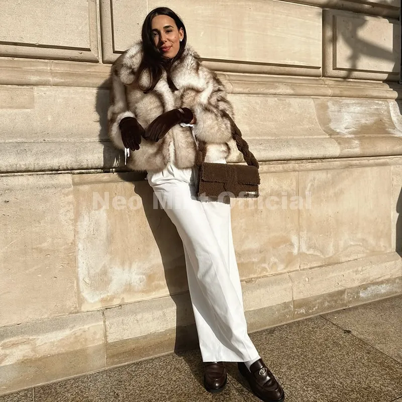 Neo Mint 2025 Winter Exclusive Striped Faux Fur Jacket Women Overcoat Brand Blogger Fashion Fluffy Fox Fur Collar Coat Outerwear