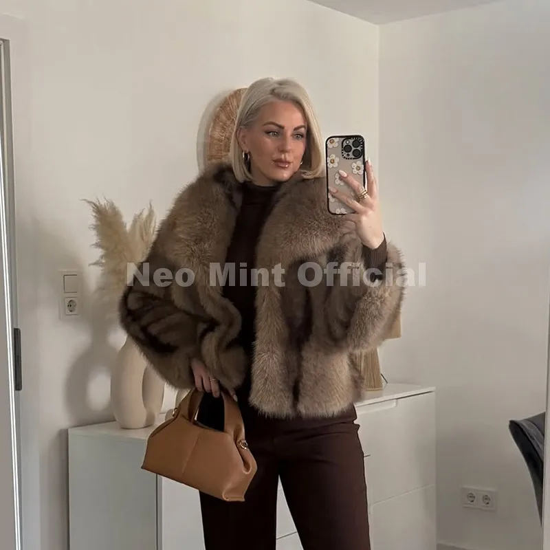 Neo Mint 2025 Winter Exclusive Striped Faux Fur Jacket Women Overcoat Brand Blogger Fashion Fluffy Fox Fur Collar Coat Outerwear