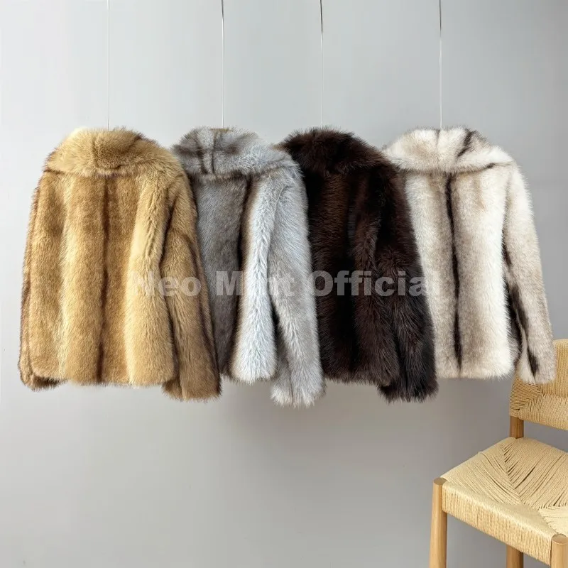 Neo Mint 2025 Winter Exclusive Striped Faux Fur Jacket Women Overcoat Brand Blogger Fashion Fluffy Fox Fur Collar Coat Outerwear