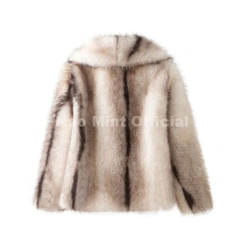 Neo Mint 2025 Winter Exclusive Striped Faux Fur Jacket Women Overcoat Brand Blogger Fashion Fluffy Fox Fur Collar Coat Outerwear