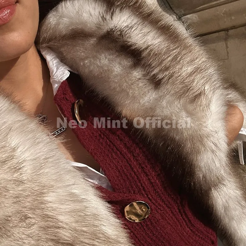 Neo Mint 2025 Winter Exclusive Striped Faux Fur Jacket Women Overcoat Brand Blogger Fashion Fluffy Fox Fur Collar Coat Outerwear