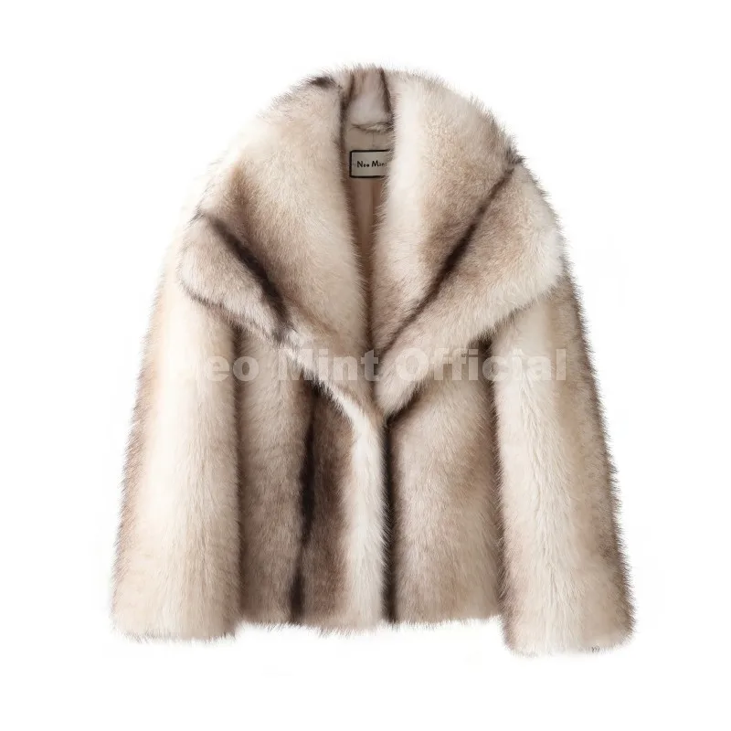 Neo Mint 2025 Winter Exclusive Striped Faux Fur Jacket Women Overcoat Brand Blogger Fashion Fluffy Fox Fur Collar Coat Outerwear