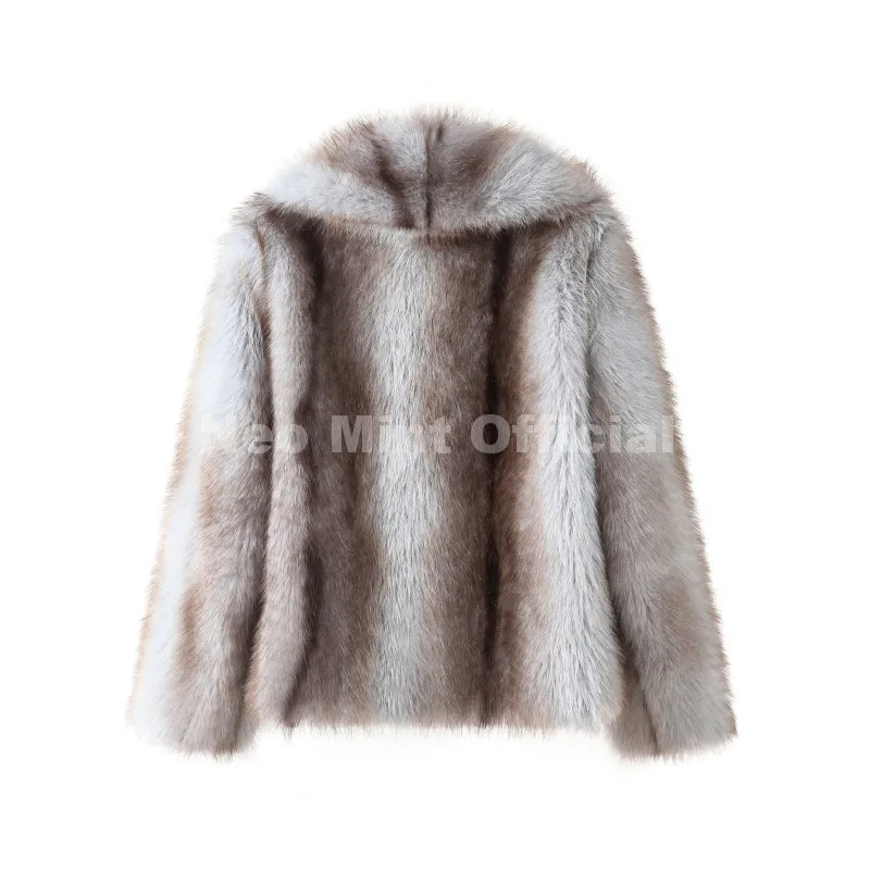 Neo Mint 2025 Winter Exclusive Striped Faux Fur Jacket Women Overcoat Brand Blogger Fashion Fluffy Fox Fur Collar Coat Outerwear