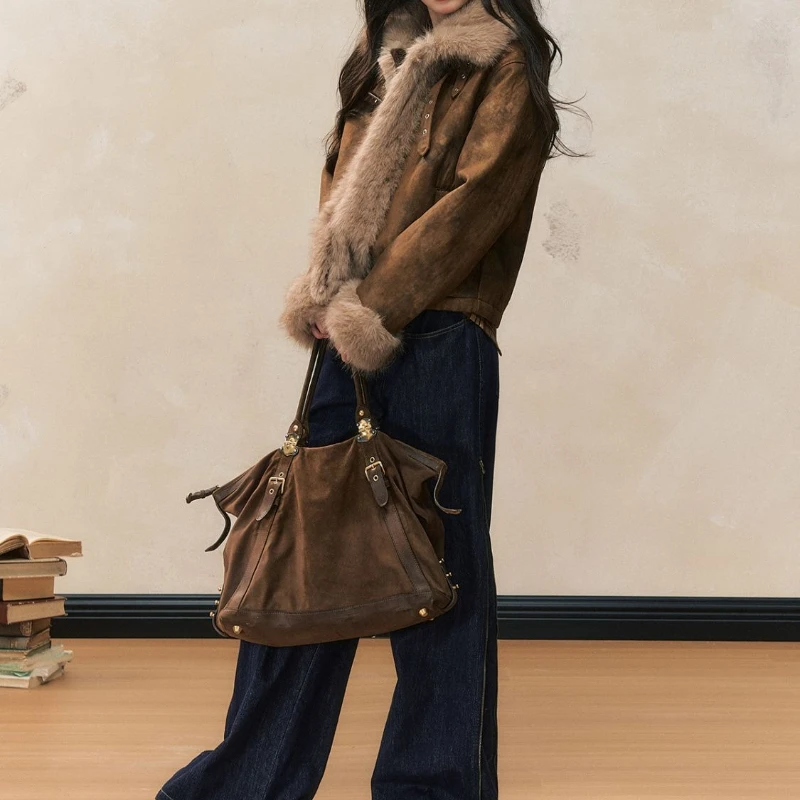 Autumn and Winter Coat with A Stylish Fur Patchwork Design Women's Biker Jacket Leather and Fur Integrated Jacket