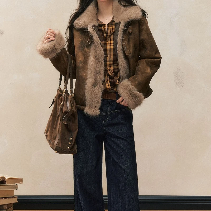 Autumn and Winter Coat with A Stylish Fur Patchwork Design Women's Biker Jacket Leather and Fur Integrated Jacket