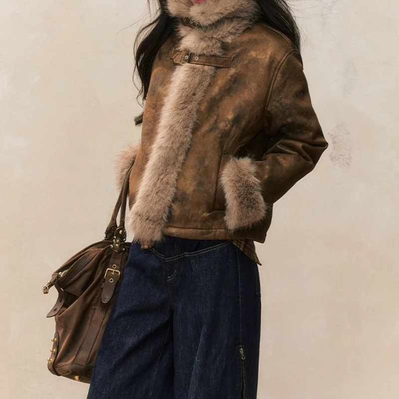 Autumn and Winter Coat with A Stylish Fur Patchwork Design Women's Biker Jacket Leather and Fur Integrated Jacket