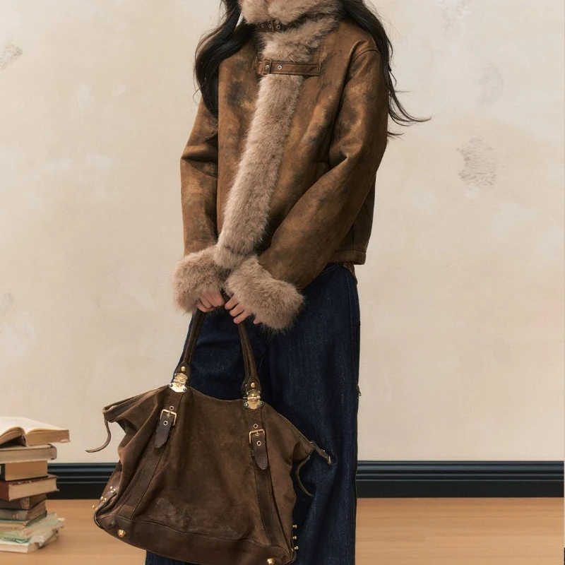 Autumn and Winter Coat with A Stylish Fur Patchwork Design Women's Biker Jacket Leather and Fur Integrated Jacket