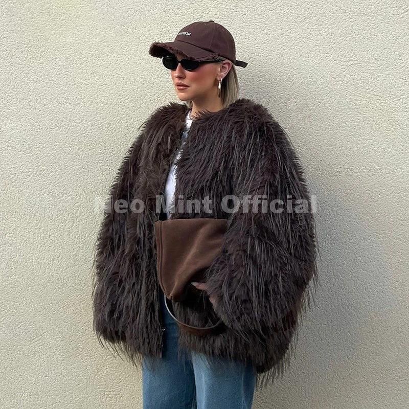 Neo Mint Ins Brand Fashion 2025 Winter Chocolate Brown Oversized Faux Fur Coat Women Fluffy Tassles Jacket Thick Chunky Overcoat