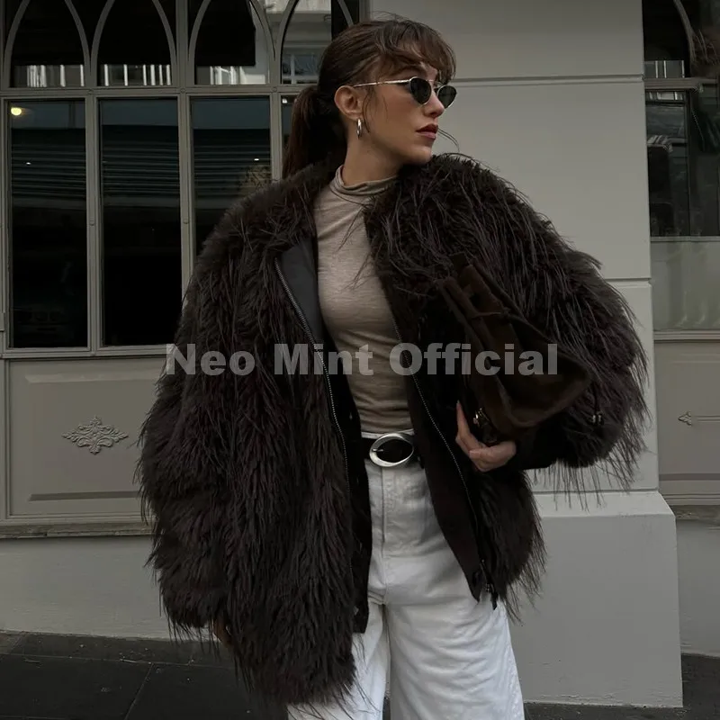 Neo Mint Ins Brand Fashion 2025 Winter Chocolate Brown Oversized Faux Fur Coat Women Fluffy Tassles Jacket Thick Chunky Overcoat