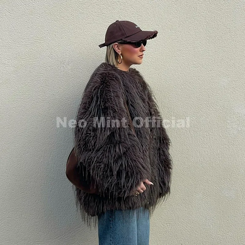 Neo Mint Ins Brand Fashion 2025 Winter Chocolate Brown Oversized Faux Fur Coat Women Fluffy Tassles Jacket Thick Chunky Overcoat