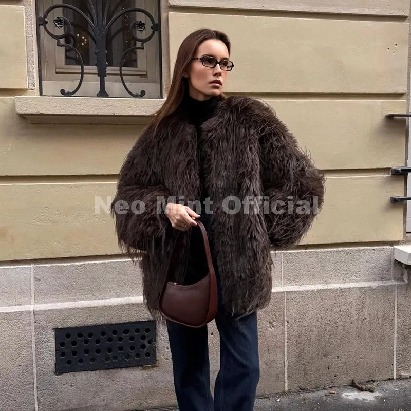 Neo Mint Ins Brand Fashion 2025 Winter Chocolate Brown Oversized Faux Fur Coat Women Fluffy Tassles Jacket Thick Chunky Overcoat